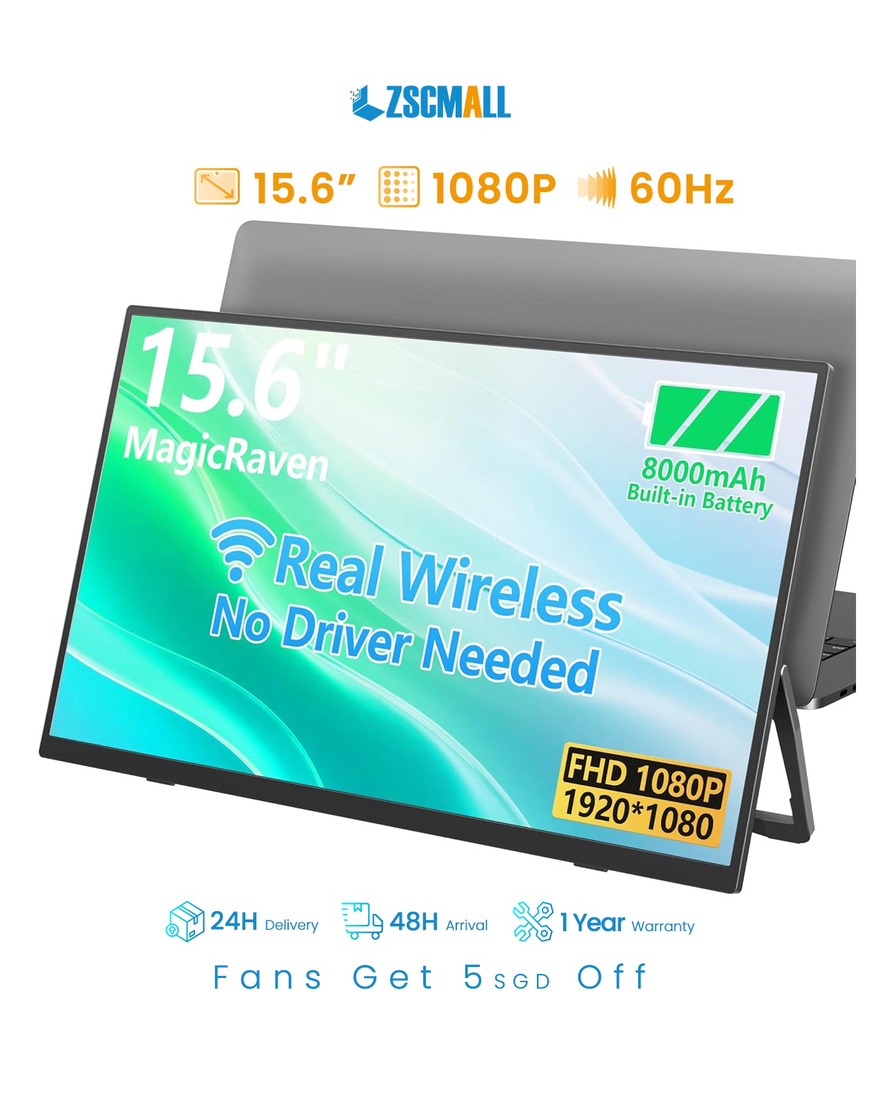 ZSCMALL 18.5”/21.5“/23.8” FHD 1080P 100 Hz Portable Monitor wireless&Battery Build in 5000mAh lasts for 4 hours monitor 100% sRGB FHD HDR USB HDMI with VESA Ultra Slim Portable Laptop Monitor,for Computer Switch Phone